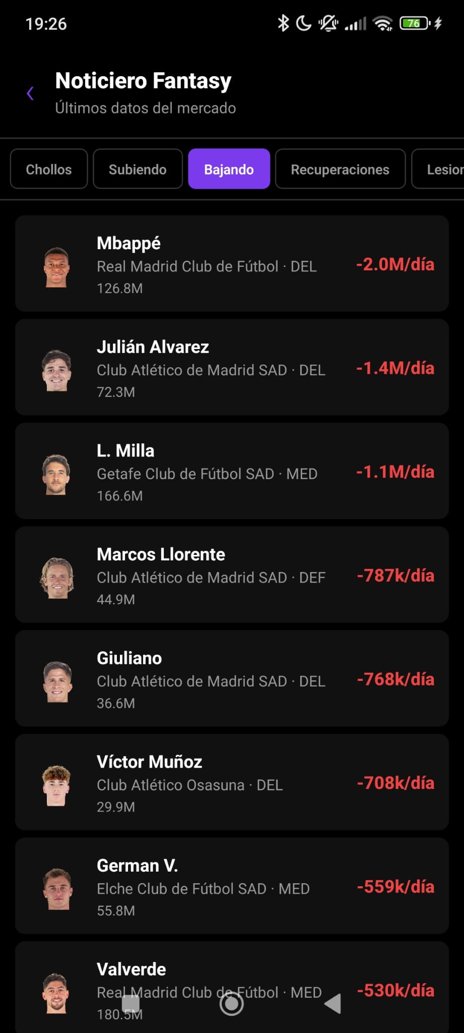Pantalla de mercado de FantasyStats