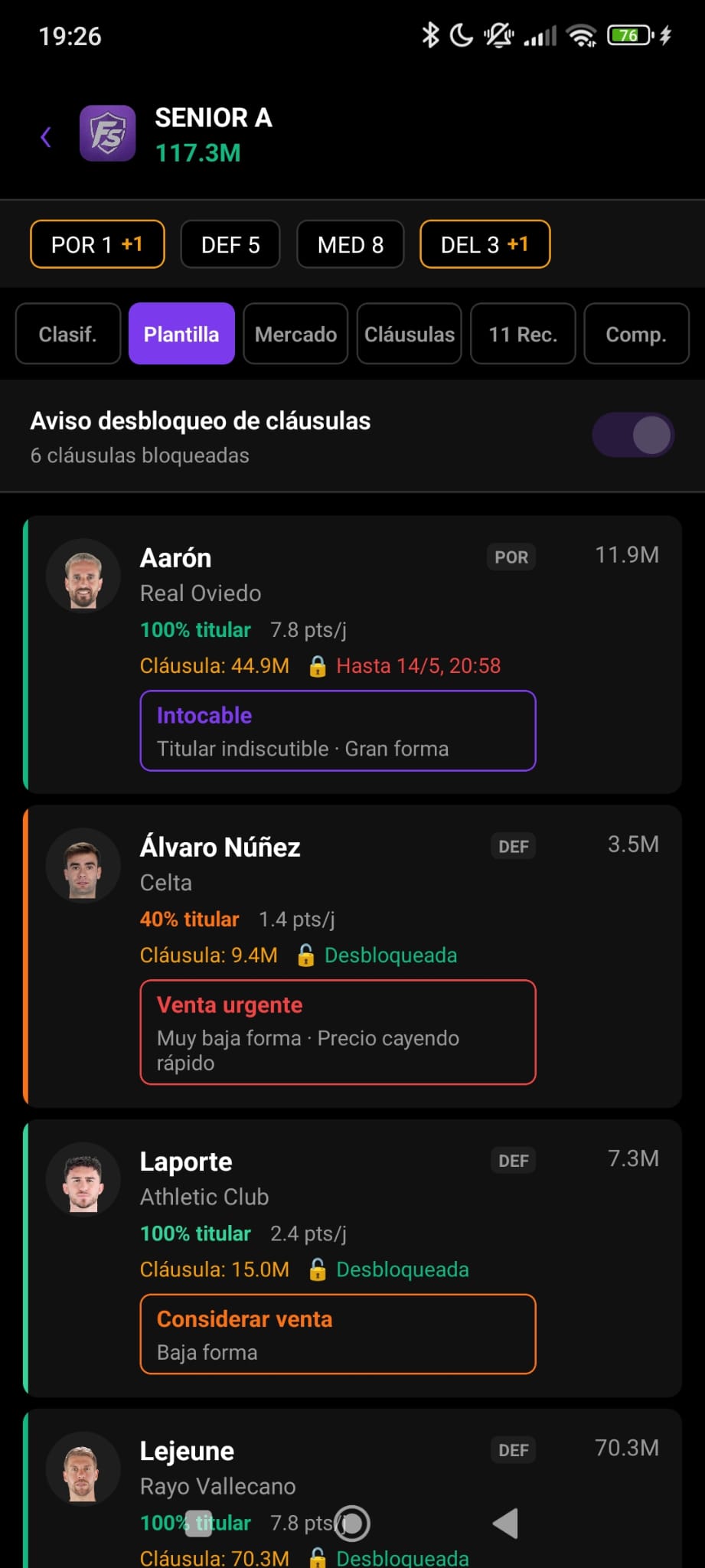 Pantalla de FantasyStats